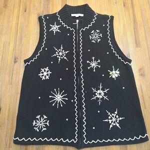 Mercer Street Studio Knitted Vest Womens L Black Christmas Snowflake Embellished